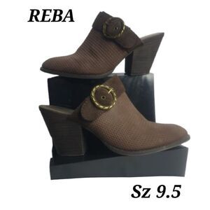 Reba Women's 9.5 Suede Upper Brown High Heel Mules Accent & Gold Buckle Detail